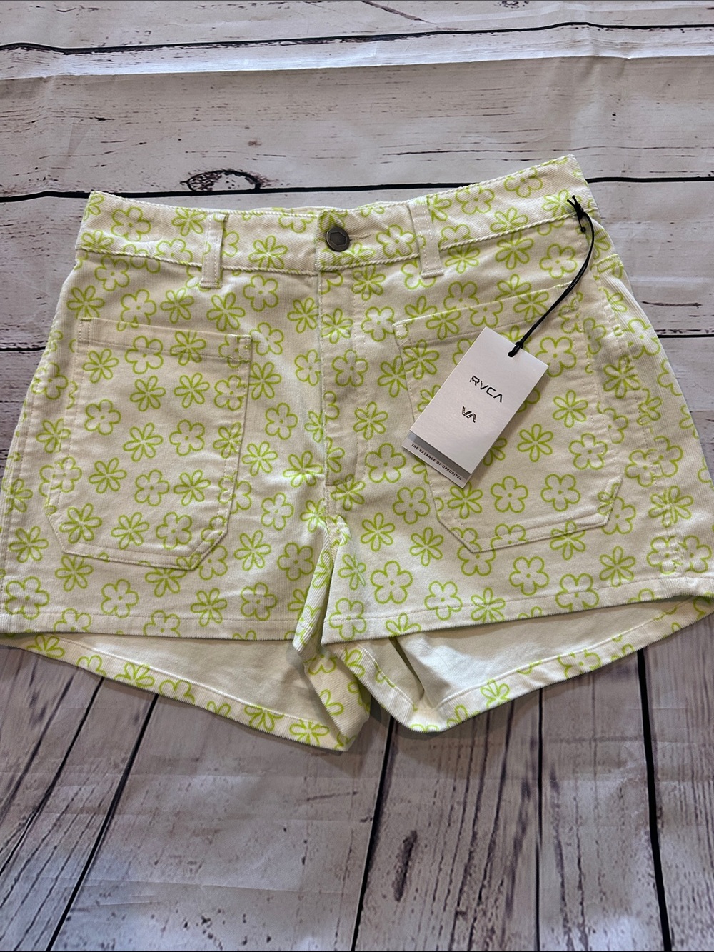 RVCA White Denim High-Waist Shorts with Neon Lime Floral Print
